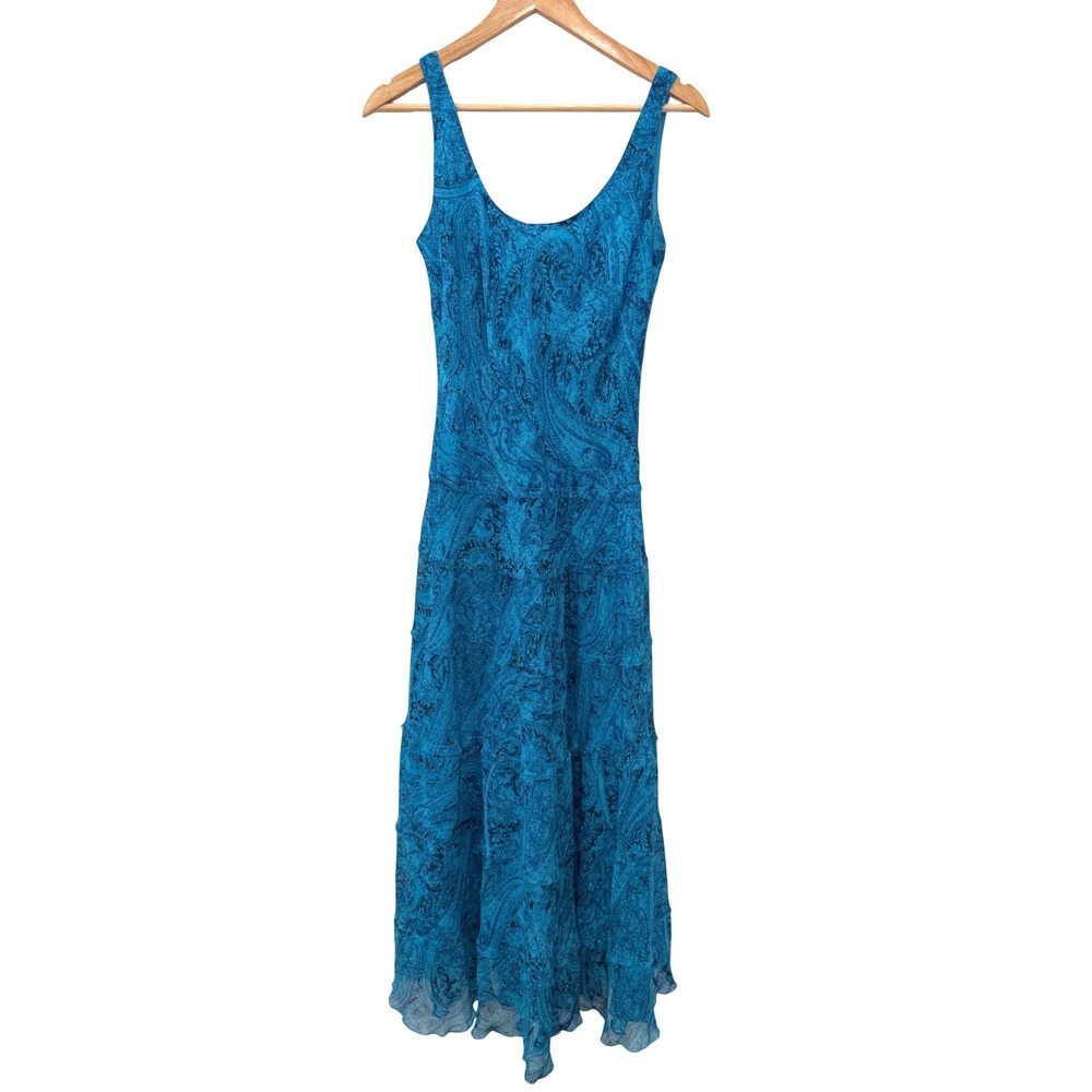 Y2K Jones Wear Dress Teal Blue Paisley Tiered Maxi Dress 8 Mermaid Beach‎ Summer